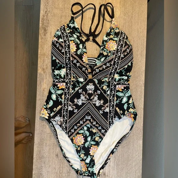 Nanette Lepore Black Floral Halter One-Piece Swimsuit. NWOT - Picture 2 of 6